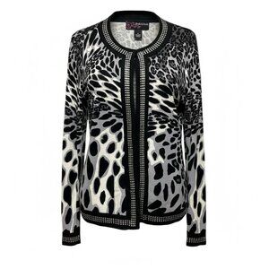 Peck & Peck Collection Black/White Animal Print Bling Cardigan Sweater Size M